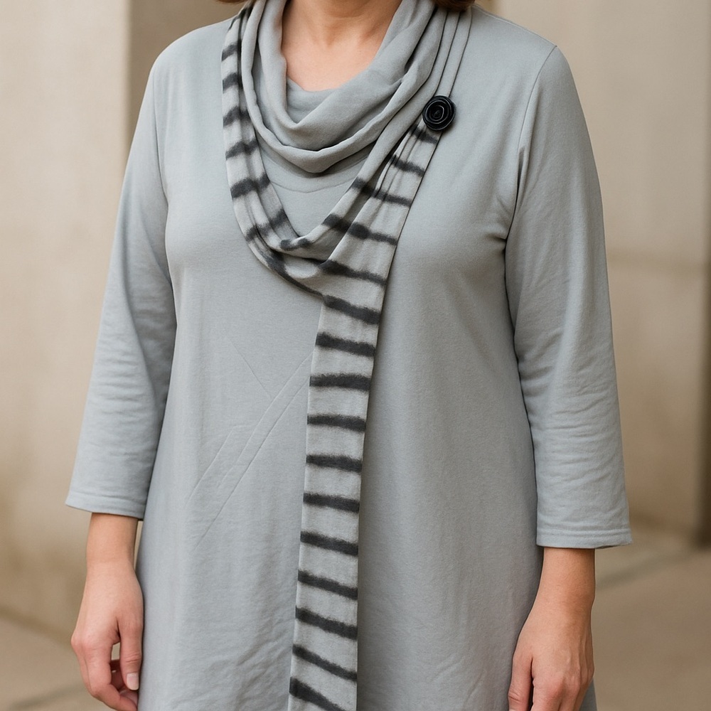 Made In Italy Gray Cowl Neck Tunic with Striped Trim